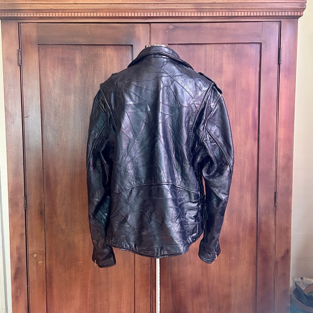 80s Black Leather Patchwork Motorcycle Jacket XL - image 2